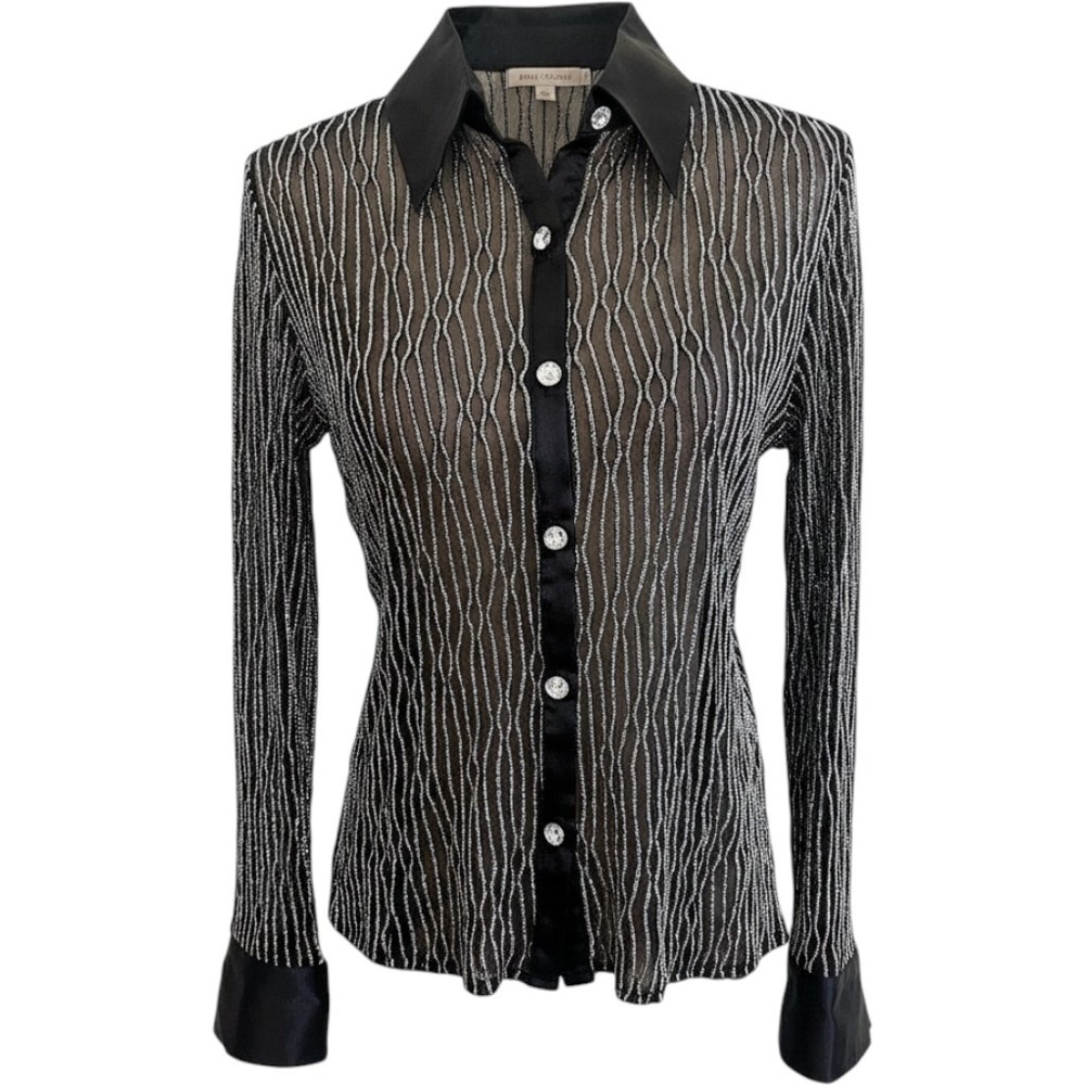 JS Boutique Womens 12 Sheer Black Silver Metallic Lurex Rhinestone Button Blouse